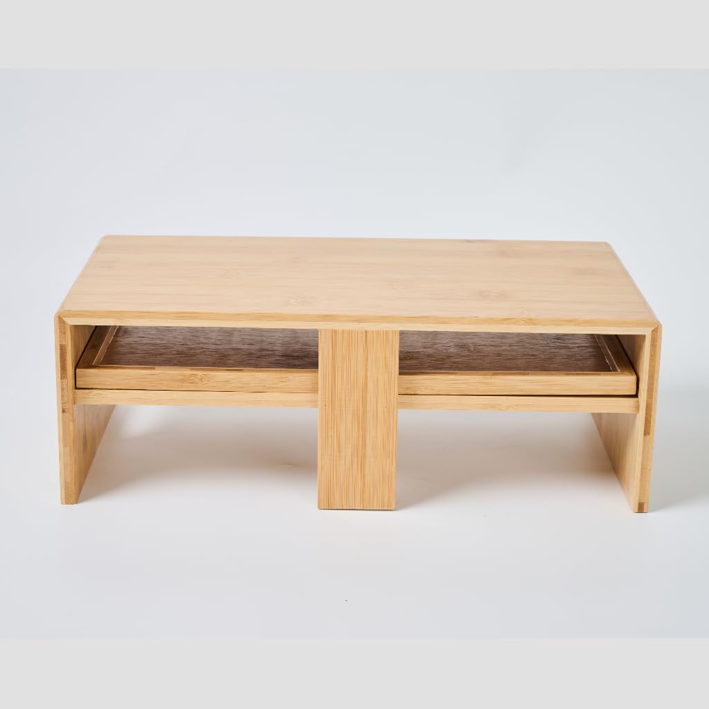 Monitor Stand Desk Top Organizer with Storage Drawer & Phone Holder,Bamboo Monitor Stand with Keyboard Tray, Wide Monitor Riser Non Slip Desk Riser
