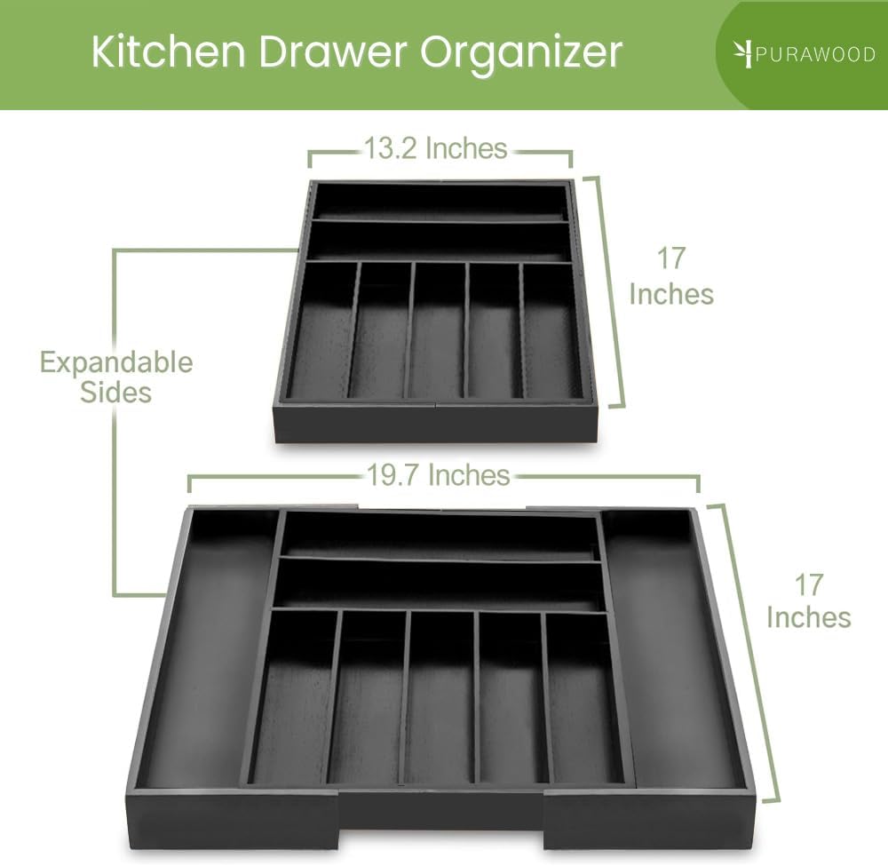 Purawood Kitchen Drawer Organizer - Expandable Utensil Drawer Organizer for Kitchen, Cutlery Tray & Silverware Organizer, 3-5 Slots - Bamboo Organizer for Utensils & Flatware (Natural)