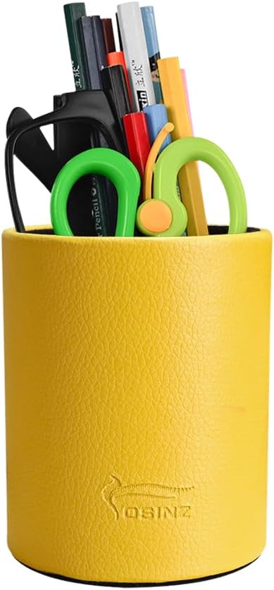Leather Pen Holder, Brown Pencil Holder, Desktop Elegant Pen Holder for Desk, Stationery Organizer for School Office Home Dorm (3.3" x 3.3" x 4", Brown)