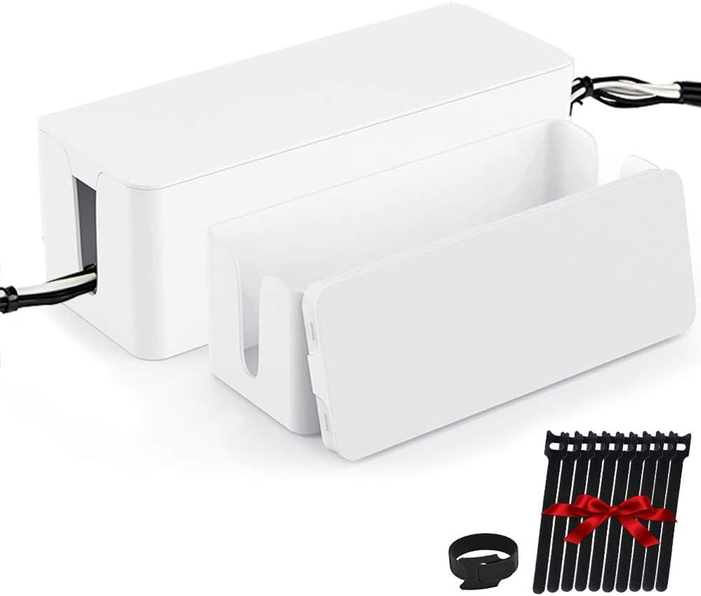 Cable Management Box Organizer, Pack of 2 Wire Concealer to Cover Hide Surge Protector & Power Strip on Desk Floor, with 5 Cord Fastening Tapes for Office, Home, Kitchen (Ice White)