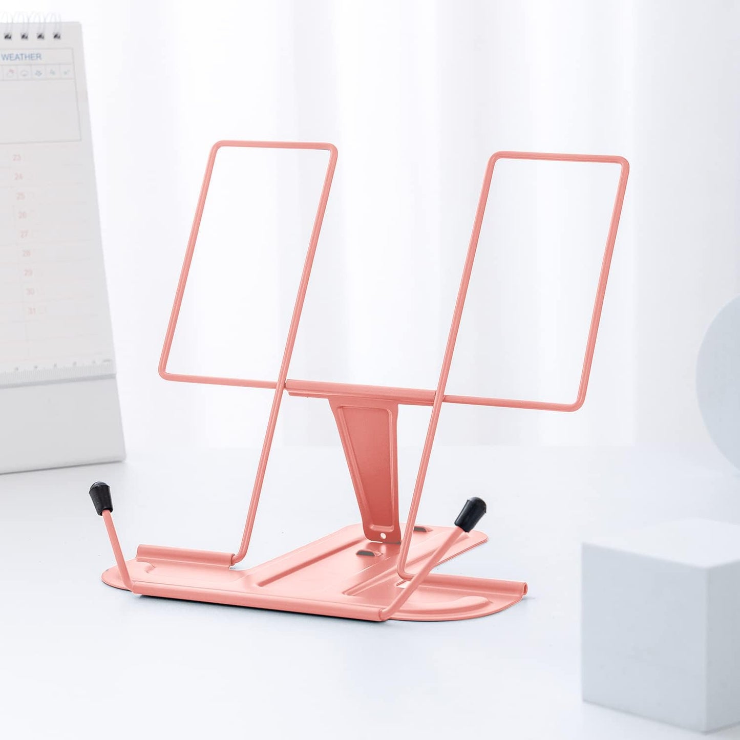 MSDADA Metal Book Stand for Desk, Adjustable Reading Rest Book Holder, Portable Cookbook Documents Holder, Sturdy Typing Stand for Recipes Textbooks Tablet Music Books with Page Clips (Macaron Pink)