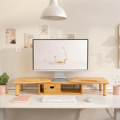 Dual Monitor Stand Riser with Drawer for Desk Laptop Desk Shelf with Adjustable Length and Angle, Bamboo Computer Stand Riser for 2 or 3 Monitors Screen Laptop PC TV -Natural