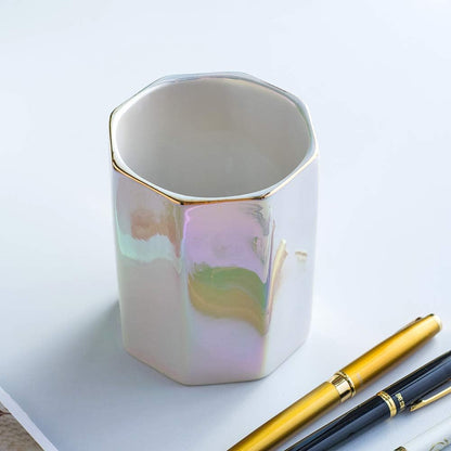 Ceramic Desk Pen Holder Stand Cute Pencil Cup Pot Desk Organizer Makeup Brush Holder,Toothbrush Holders(Pearl)
