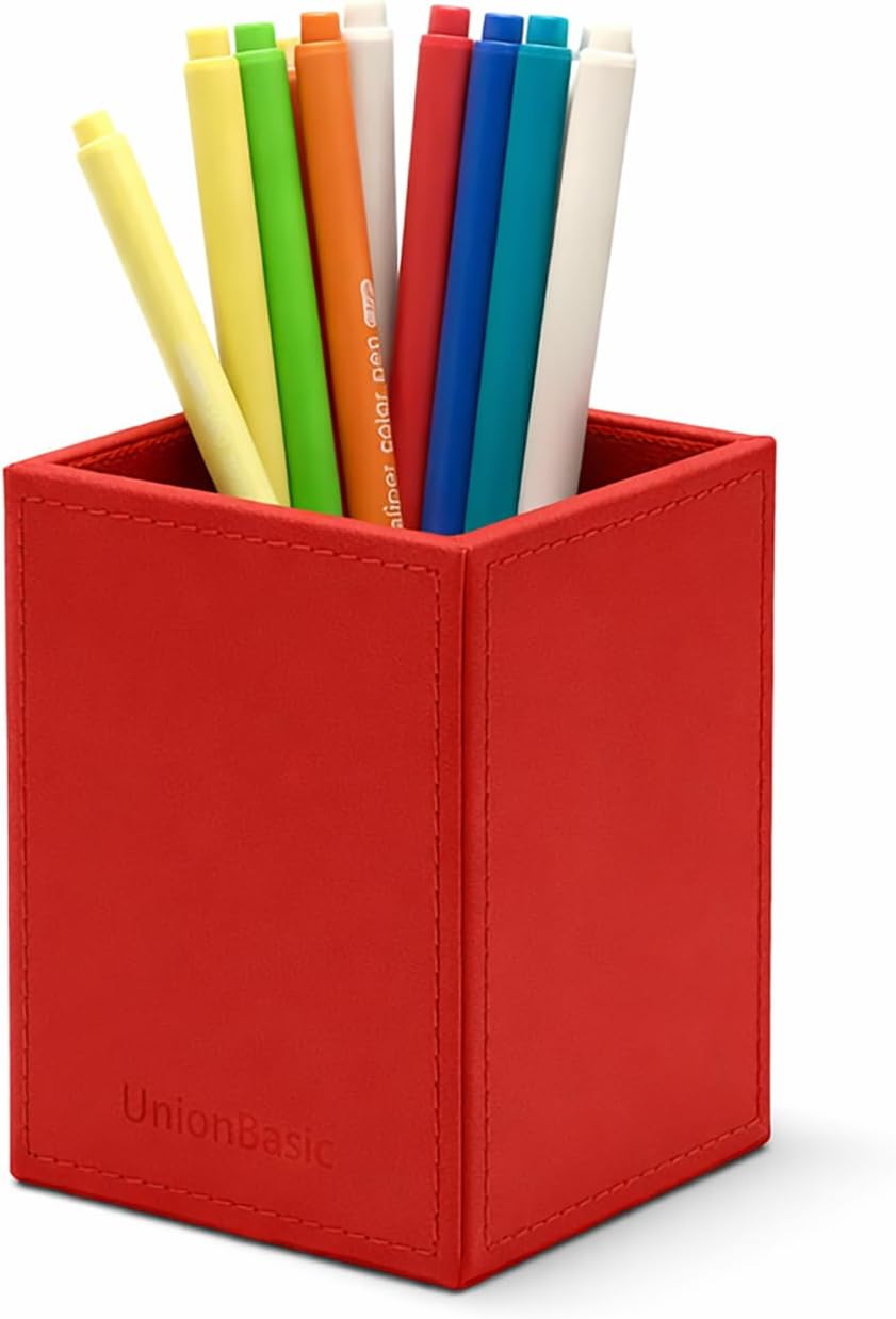 UnionBasic Square Pen Holder, Leather Pencil Cup, Desktop Caddy Stationery Organizer, Beige