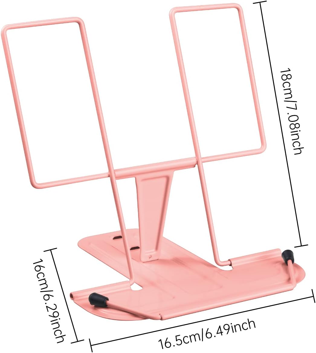 MSDADA Metal Book Stand for Desk, Adjustable Reading Rest Book Holder, Portable Cookbook Documents Holder, Sturdy Typing Stand for Recipes Textbooks Tablet Music Books with Page Clips (Macaron Pink)