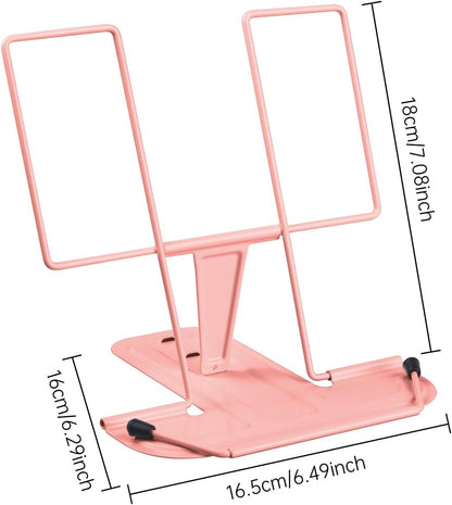MSDADA Metal Book Stand for Desk, Adjustable Reading Rest Book Holder, Portable Cookbook Documents Holder, Sturdy Typing Stand for Recipes Textbooks Tablet Music Books with Page Clips (Macaron Pink)