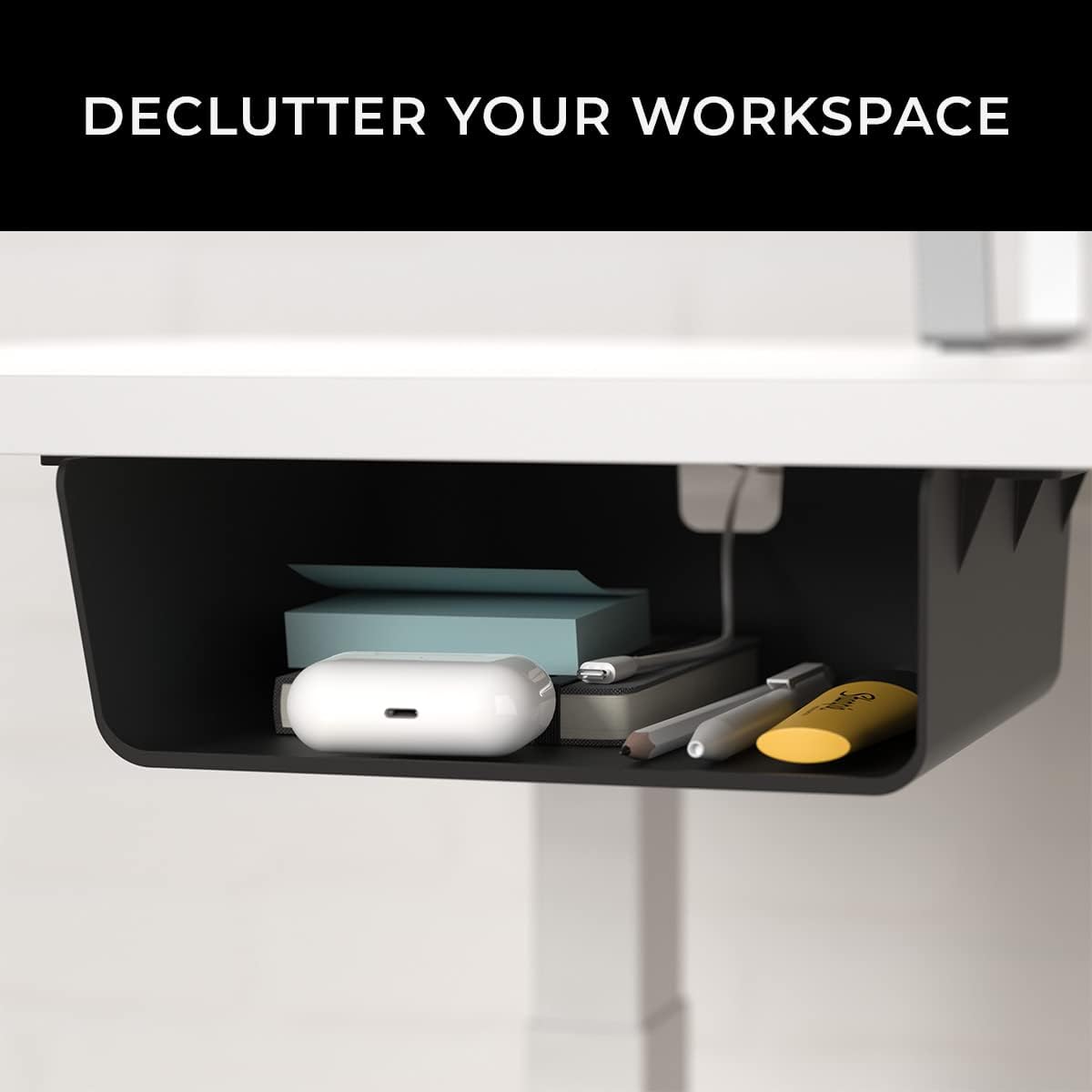 HumanCentric Under Desk Storage Shelf, Drawer Organizer for Office, Workstations, Tables, Sit Stand Desks, Gaming Setups, Mountable Storage Tray, Cable Management, Screw or Stick On with VHB Tape