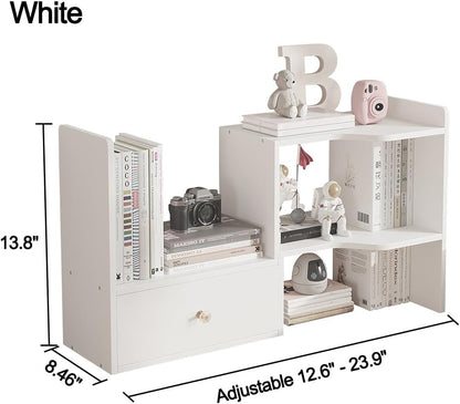 Expandable Wood Desktop Bookshelf, Freestyle Adjustable Wood Display Desk Shelf Counter Storage Rack Top Bookcase for Office & Home (White)