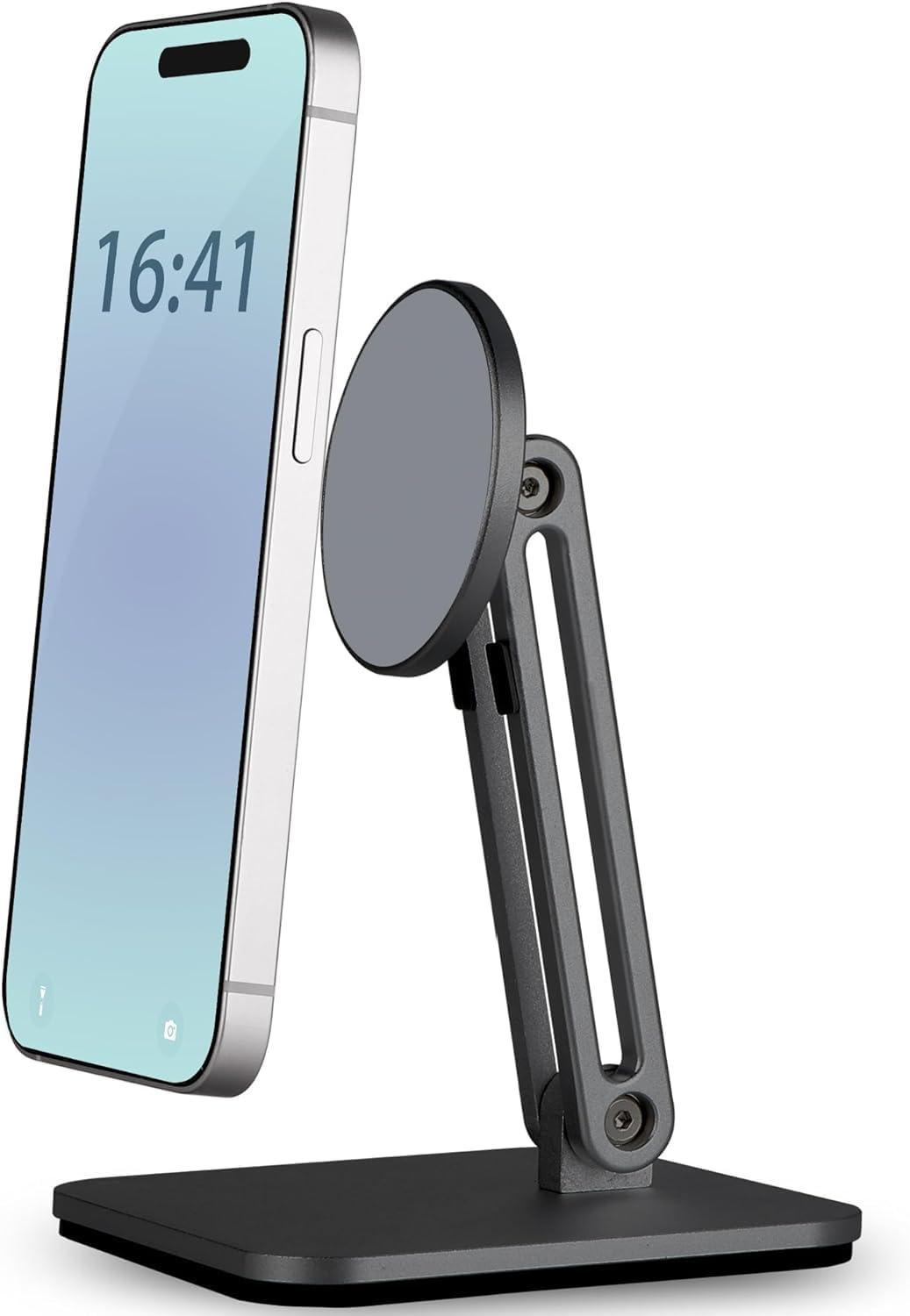 Magnetic Phone Stand for Desk, Heightened & Adjustable & Foldable Metal Magnetic Phone Holder Stand for Desk/Office/Home, Compatible with iPhone 12-17All Series/Mag Safe Case (Black