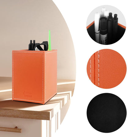 Leather Pen Holder, Brown Pencil Holder, Desktop Elegant Pen Holder for Desk, Stationery Organizer for School Office Home Dorm (3.3" x 3.3" x 4", Brown)