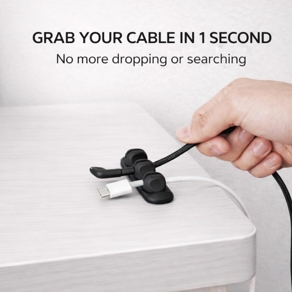Magnetic Cable Organizer for Desk & Nightstand 3 Clip Cord Holder with One-Hand Access 3M Adhesive Cable Clips, N52 Magnetic Cord Holder for Phone, USB-C & Laptop Cables