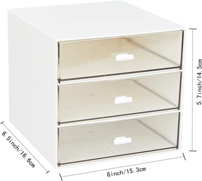 Desk Organizer with 3 Drawers, Clear Plastic Desk Storage Box, Desktop Organization for Office Supplies, Gel Pens, Pencils, Markers, Tape, Erasers, Paperclips, Chargers (White-3 Draws)