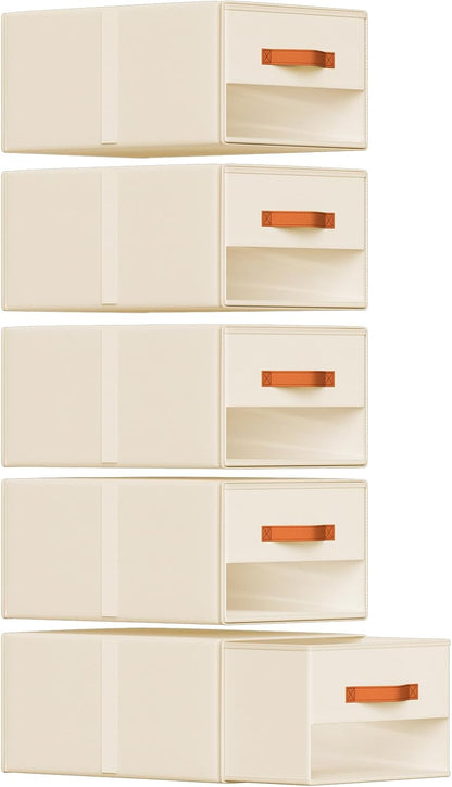 Stackable Storage Drawers - Pull Out Storage Bins with Drawers for Closet Clothes Organizers with Weekly Labels & Clear Window, Closet Shelf Storage for Bedroom, Living Room, 5 Pack, White