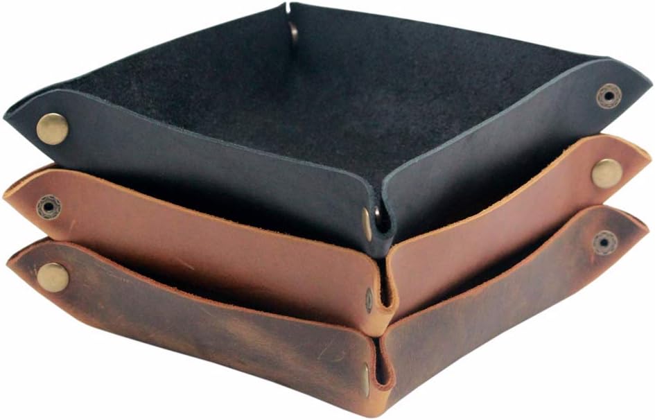 boshiho Valet Tray for Men, Leather Jewelry Catchall Key Phone Coin Box Change Caddy Bedside Storage Box (Crazy Horse Leather - Dark Brown)