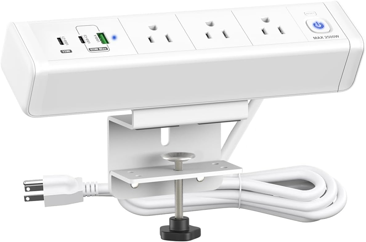 Nightstand Charging Station with 4 USB-C&2 QC 3.0 USB A Ports 3 AC Outlet, Desk Edge Mount Power Strip with USB-C Ports Tabletop Surge Protector Desk Clamp Power Strip for Home Office(Black)