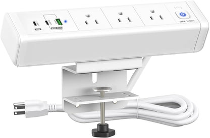 Nightstand Charging Station with 4 USB-C&2 QC 3.0 USB A Ports 3 AC Outlet, Desk Edge Mount Power Strip with USB-C Ports Tabletop Surge Protector Desk Clamp Power Strip for Home Office(Black)