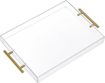 12"x16" Clear Acrylic Serving Tray with Golden Handles, Sturdy Huge Capacity Acrylic Tray for Coffee, Juice, Kitchen and Desk Organizer, Storage Tray (12"x16")