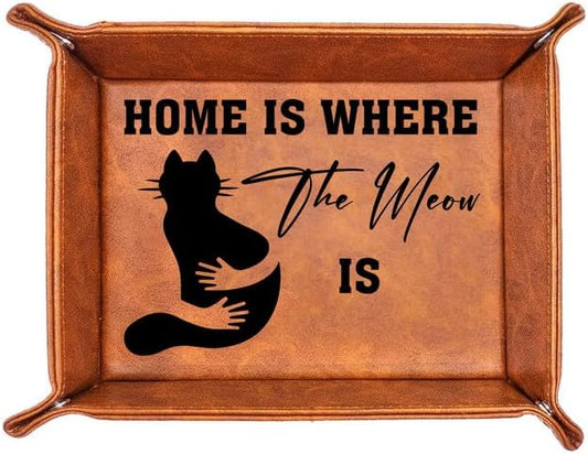 Cat Gifts for Men - PU Leather Storage Gift for Fathers Day, Unique Birthday Gift for Dad from Son Daughter, Funny Cat Dad Gifts Desk Organizer, Cat Lovers Valet Tray Desk Decor Accessories