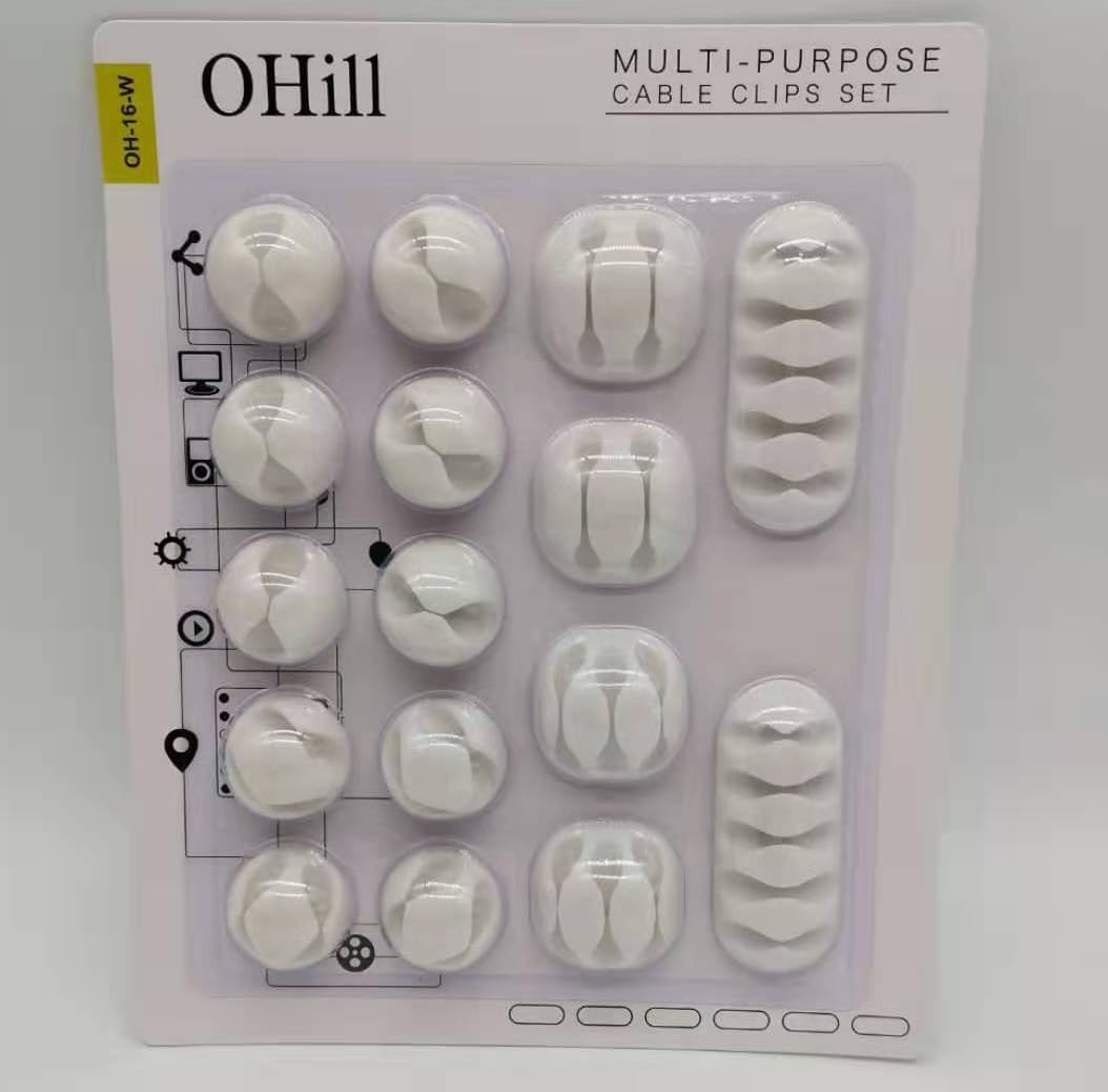 OHill 16-Pack Black Cord Organizer - Adhesive Cable Clips Holder for Desk, Wall, Car - Wire Management Clips for iPhone Charger, USB, Computer Cables -Cord Keepers with Strong Sticky Backing