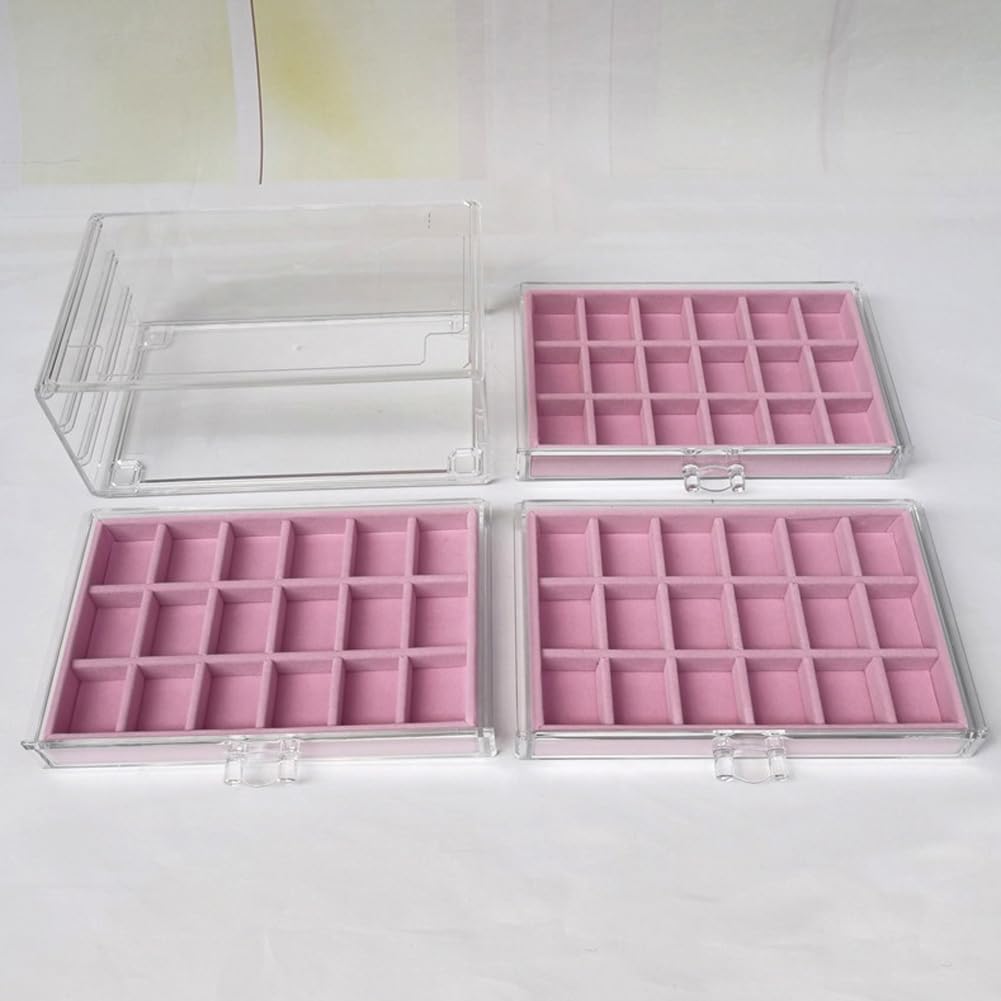 YUFONG Earring Organizer Box Acrylic Jewelry Organizer with 3 Drawers 54 Adjustable Grids Clear Stackable Earring Holder Velvet Trays Ring Display Case for Women Girls (Beige)