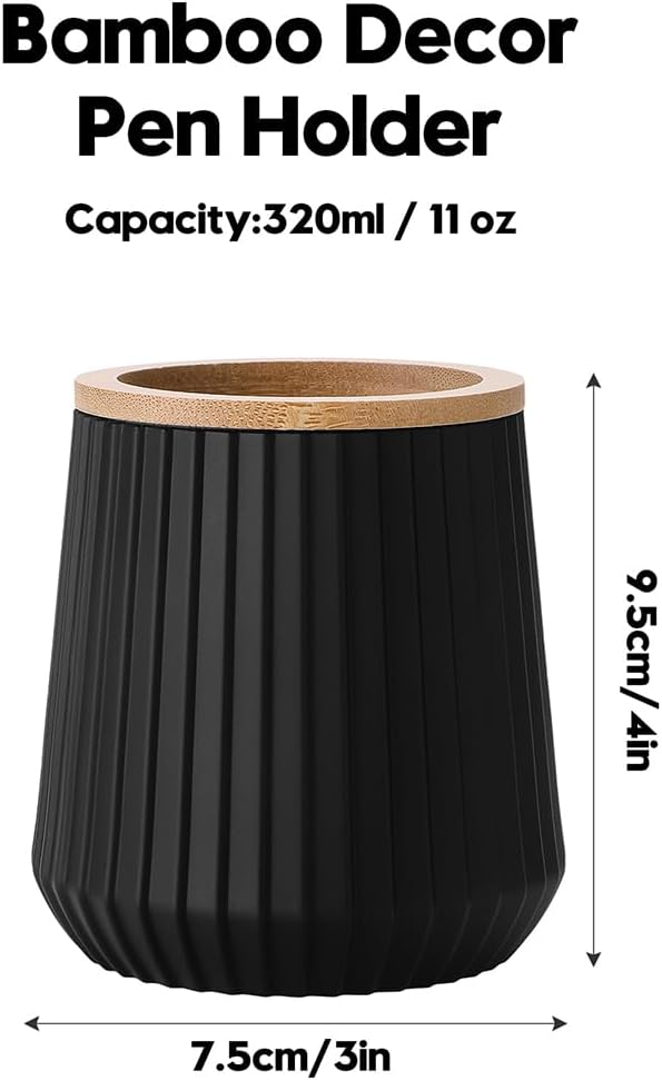 YAUKPH Pen Cup Pencil Holder Desk Organizer Small Plastic Desktop Storage with Striped Bamboo Wood Trim Modern Minimalist Design for Office School Pencils Pens Markers (Matte Black)