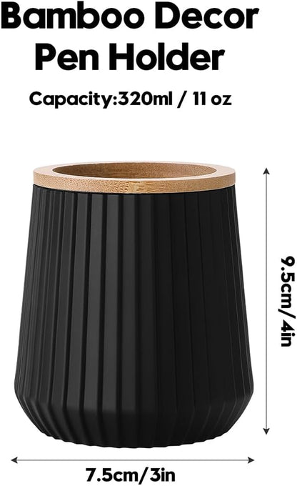 YAUKPH Pen Cup Pencil Holder Desk Organizer Small Plastic Desktop Storage with Striped Bamboo Wood Trim Modern Minimalist Design for Office School Pencils Pens Markers (Matte Black)