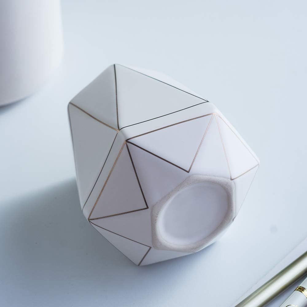 Ceramic Desk Cute Pen Holder Stand Gold Line Pencil Cup Pot Desk Organizer Makeup Brush Holder (White)