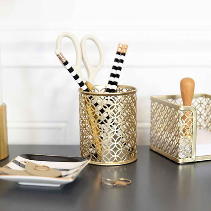 BLU MONACO Gold Pen Holder for Desk - Gold Pen & Pencil Cup - Brush Holder with Metal Circular Design