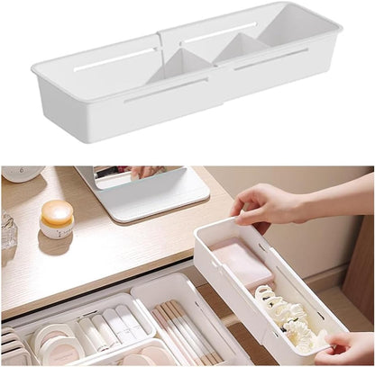 Expandable Storage Drawer Organizers Sliding Bin Plastic Desk Drawer Trays with Removable Dividers Adjustable Makeup Storage Bins for Bedroom, Bathroom, Clothes, Kitchen Utensil (Large)