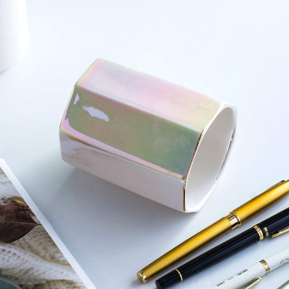 Ceramic Desk Pen Holder Stand Cute Pencil Cup Pot Desk Organizer Makeup Brush Holder,Toothbrush Holders(Pearl)