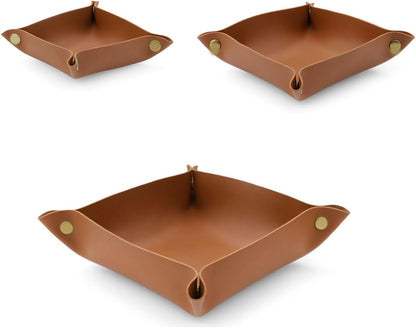 3 Pcs Leather Valet Tray for Keys & Jewelry Premium Desktop Organizer Portable Design for Watches, Wallets, Phones Home Office Travel Nightstand Accessory (Brown)