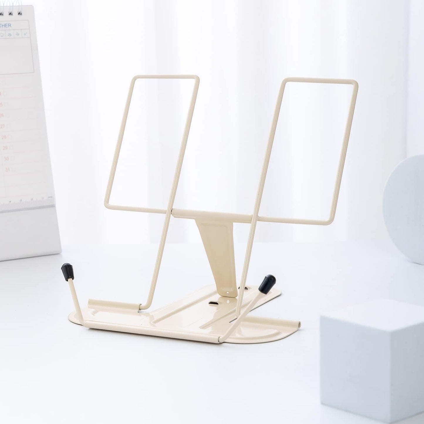 MSDADA Metal Book Stand for Desk, Adjustable Reading Rest Book Holder, Portable Cookbook Documents Holder, Sturdy Typing Stand for Recipes Textbooks Tablet Music Books with Page Clips (Macaron Pink)