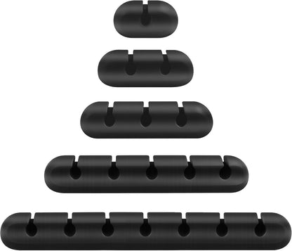 Self-Adhesive Silicone Cable Organizer Clips – Black Cord Holders with Multiple Slots (7-5-3-2-1) for Desk, Car & Nightstand
