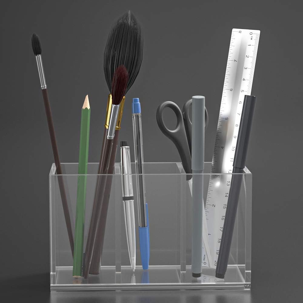 NIUBEE Acrylic Pen Holder 4 Compartments, Clear Pencil Organizer Cup for Countertop Desk Accessory Storage
