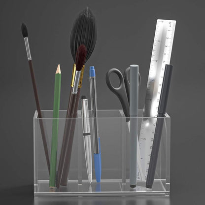 NIUBEE Acrylic Pen Holder 4 Compartments, Clear Pencil Organizer Cup for Countertop Desk Accessory Storage