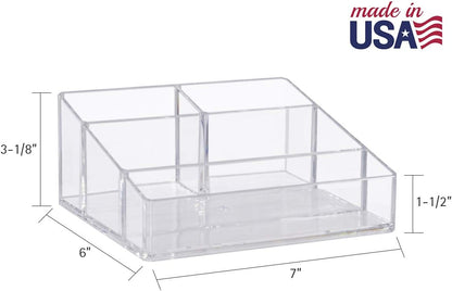 STORi Clear Plastic Small Countertop Vanity Makeup Organizer, Compact Rectangular 4-Compartment Holder for Brushes, Eyeshadow Palettes, & Beauty Supplies, Made in USA