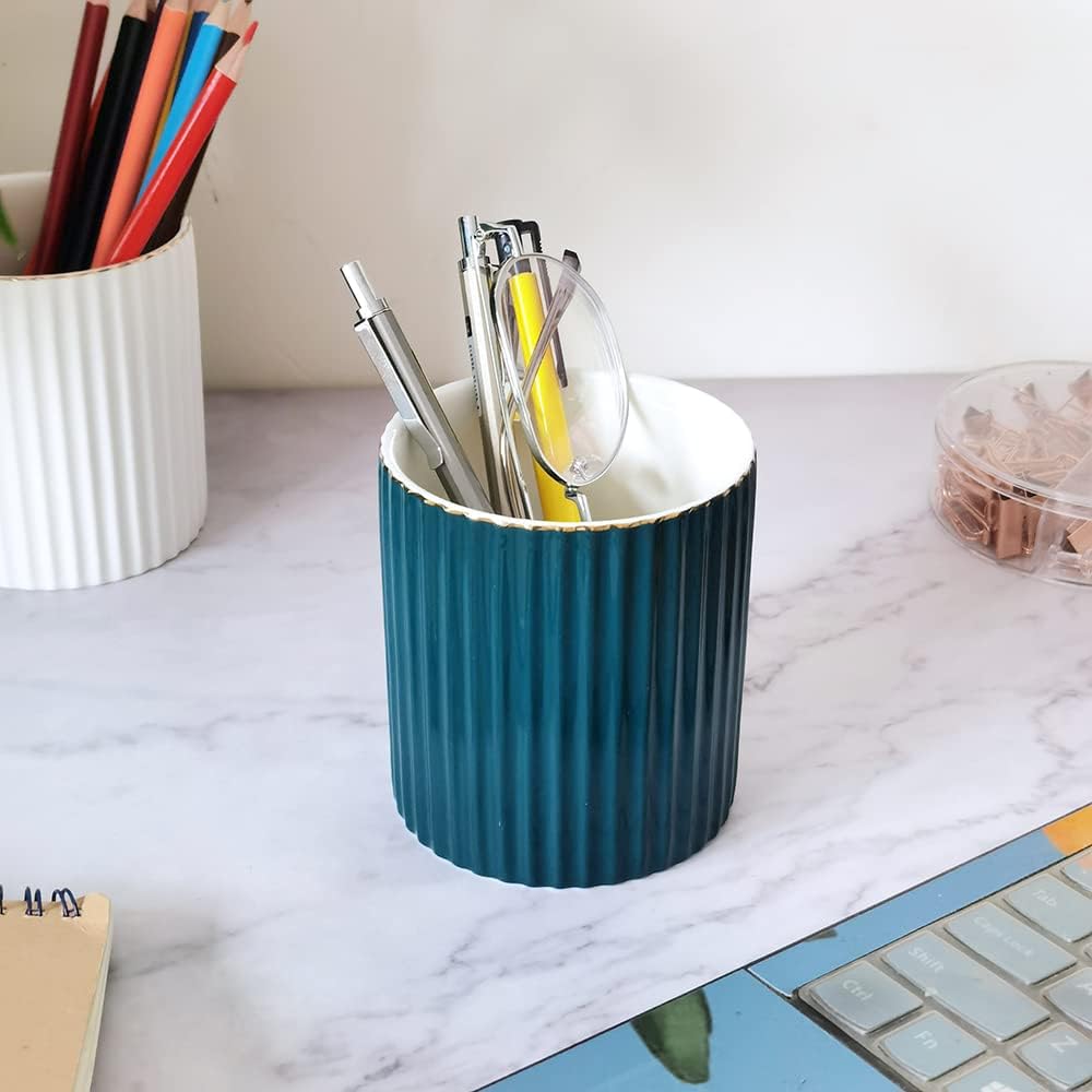 CROWNOS Pen Holder for Desk, Ceramic Pencil Cup Office Desk Organizer, Makeup Brush Holder, White
