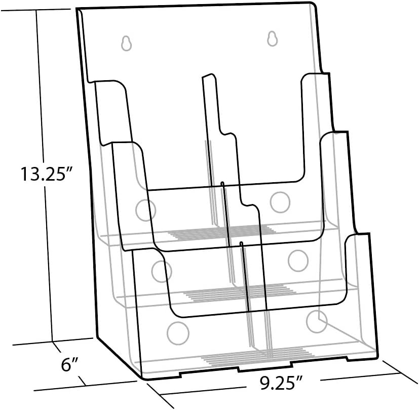 Azar Displays 252378, Brochure Holder, Acrylic Desk Organizer, Three Tier Document, Magazine & Sign Holder, Wall Mount Desk Accessories, Literature Display Stand, Divider for 4" Pamphlets, 8.5"x11"