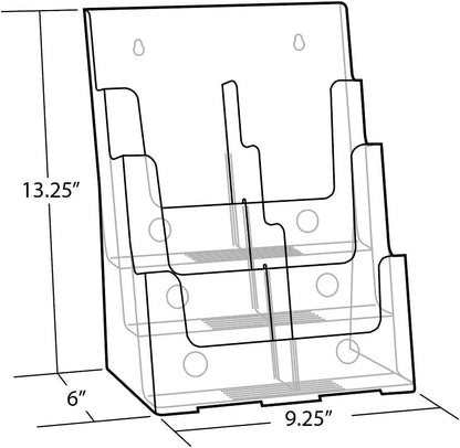 Azar Displays 252378, Brochure Holder, Acrylic Desk Organizer, Three Tier Document, Magazine & Sign Holder, Wall Mount Desk Accessories, Literature Display Stand, Divider for 4" Pamphlets, 8.5"x11"