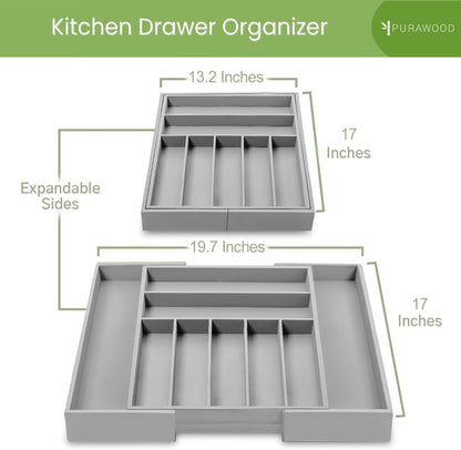 Purawood Kitchen Drawer Organizer - Expandable Utensil Drawer Organizer for Kitchen, Cutlery Tray & Silverware Organizer, 3-5 Slots - Bamboo Organizer for Utensils & Flatware (Natural)
