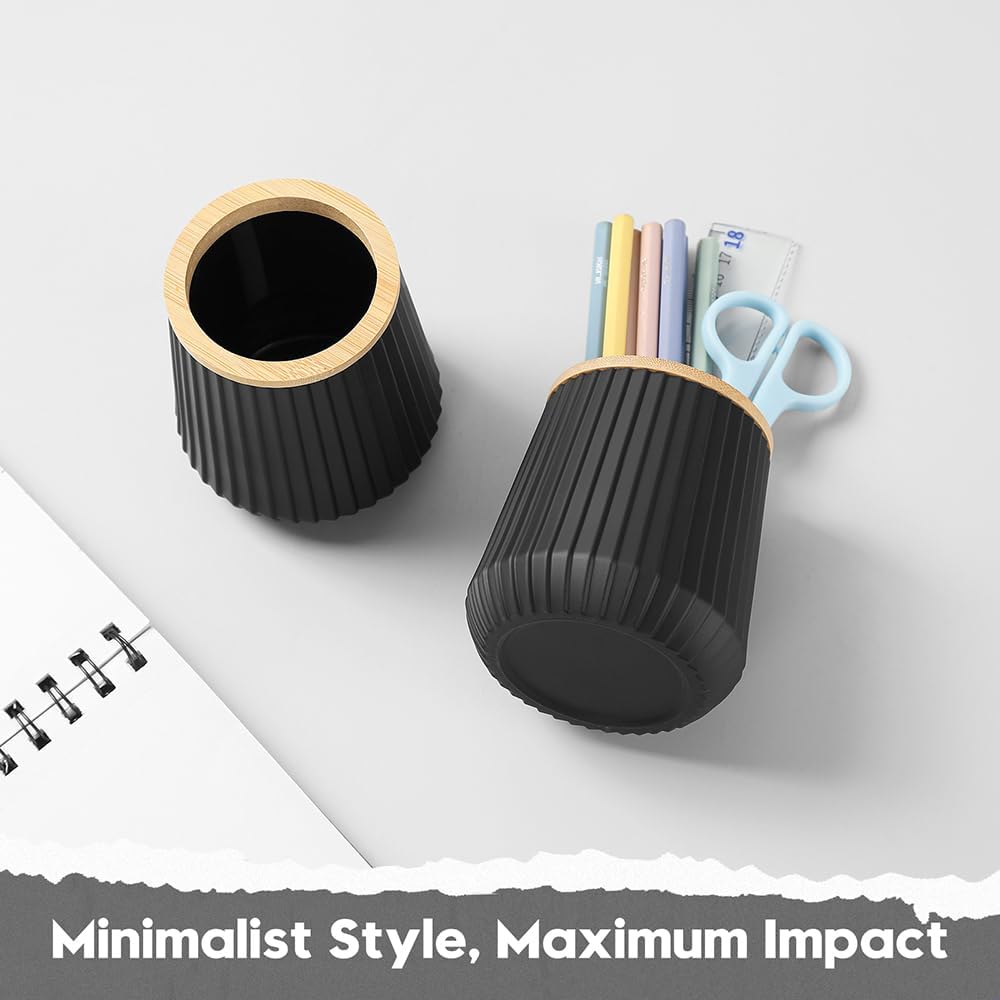 YAUKPH Pen Cup Pencil Holder Desk Organizer Small Plastic Desktop Storage with Striped Bamboo Wood Trim Modern Minimalist Design for Office School Pencils Pens Markers (Matte Black)