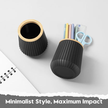 YAUKPH Pen Cup Pencil Holder Desk Organizer Small Plastic Desktop Storage with Striped Bamboo Wood Trim Modern Minimalist Design for Office School Pencils Pens Markers (Matte Black)