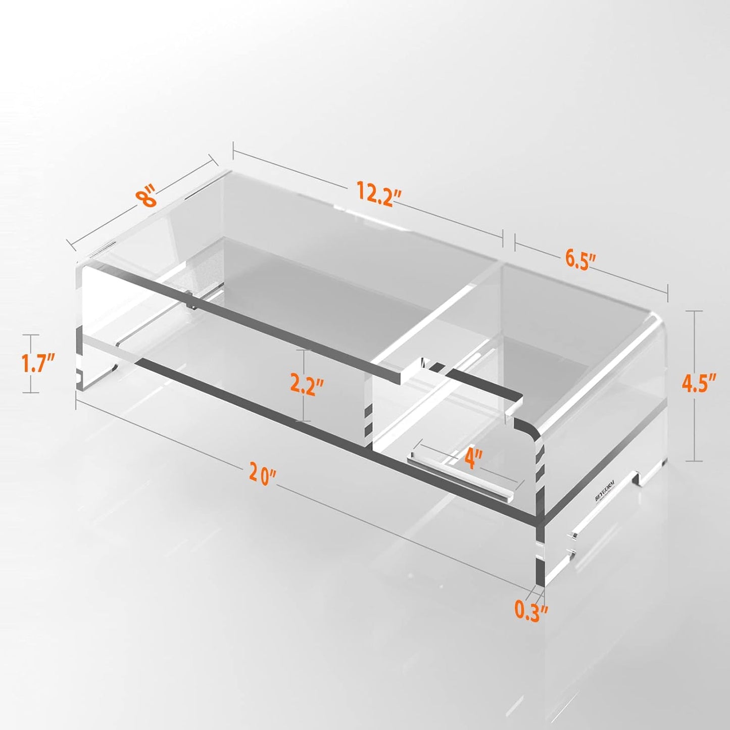 BEYGORM Acrylic Monitor Stand for Full Keyboard, 20" Wide 2-Tier Riser with Storage Shelf and Phone Holder, Desktop Organizer for Laptop, Printer, Screen (Clear)