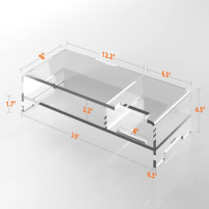 BEYGORM Acrylic Monitor Stand for Full Keyboard, 20" Wide 2-Tier Riser with Storage Shelf and Phone Holder, Desktop Organizer for Laptop, Printer, Screen (Clear)