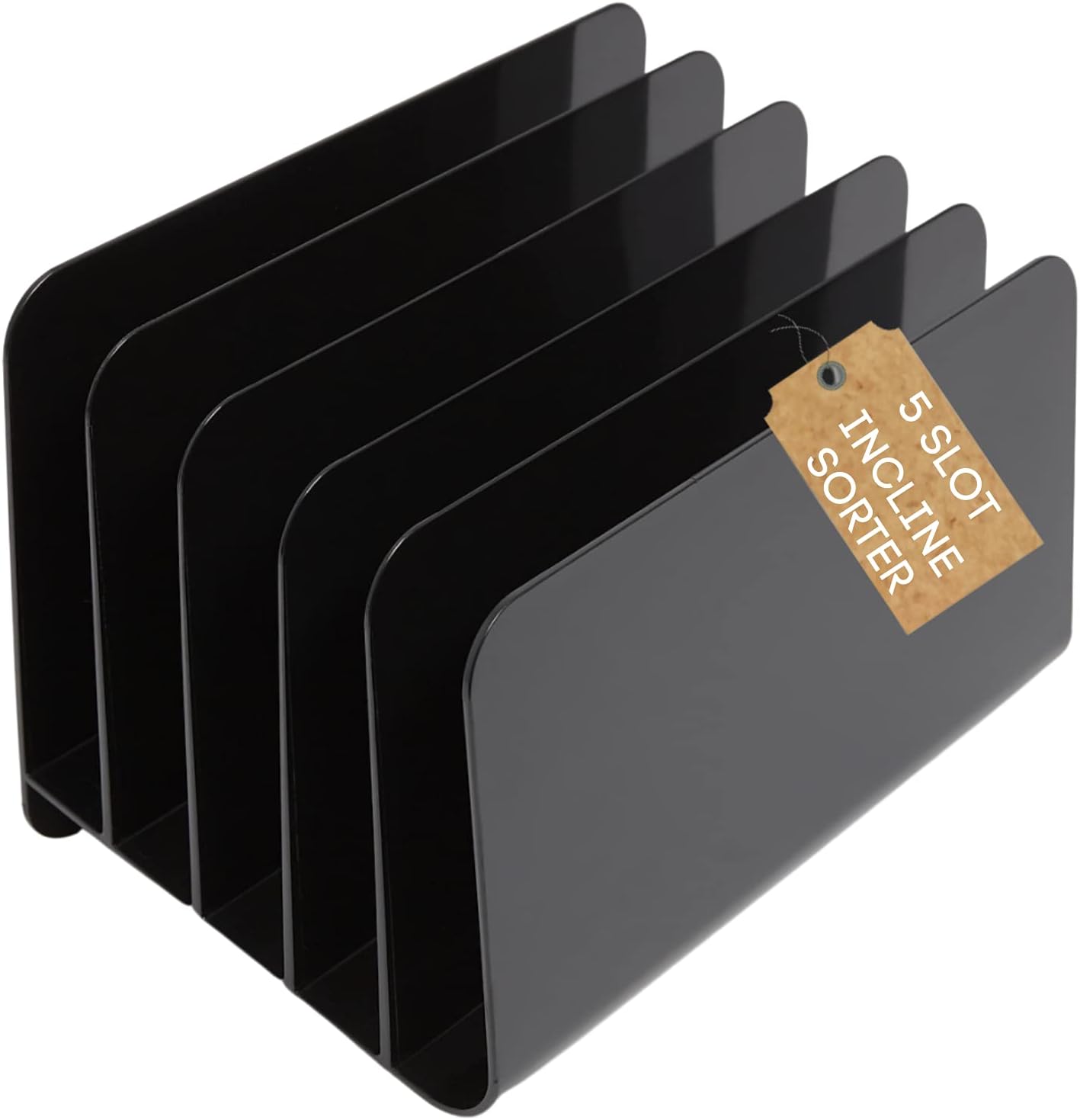 1InTheOffice Inclined Desktop File Organizer, Plastic Desk File Sorter for Documents, Space-Saving, Black, 5 Compartments