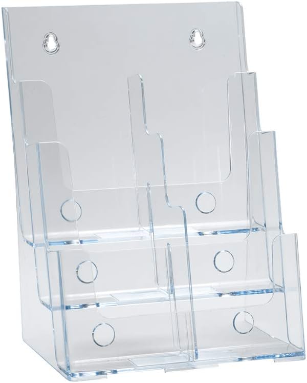 Azar Displays 252378, Brochure Holder, Acrylic Desk Organizer, Three Tier Document, Magazine & Sign Holder, Wall Mount Desk Accessories, Literature Display Stand, Divider for 4" Pamphlets, 8.5"x11"