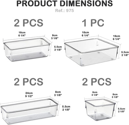 Acrimet 7 Pack Drawer Organizer Modular, Box Tray Storage Bins for Office, Home, Makeup, Kitchen, Junk Drawer (7 Units - 4 Sizes) (Clear Crystal Plastic)