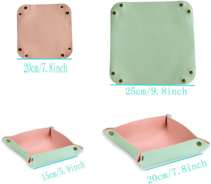 Leather Travel Tray, Valet Tray, Stylish Folding Travel Organizer Tray for Women and Man, Jewelry Tray, Wallet Tray, Key Tray for Entryway Table and Dresser Nightstand Trays (Light Green&Pink)