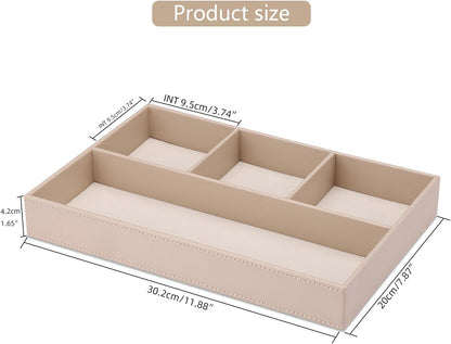 KINGFOM Pu Leather Desk Organizer Tray, 4 Compartment Office Storage Supplies Stationery Drawer Tray, Nightstand Bedside Tray for Key, Wallet, Watch, Coin, Phone Valet Tray Stackable