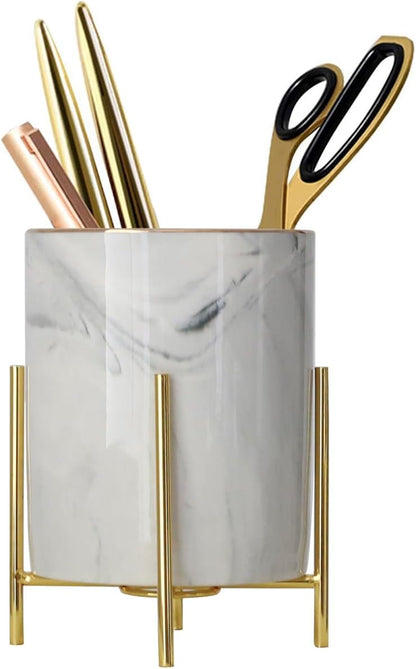 Sturdy Pen Holder Simple and elegant for Desk Matte Pencil Holder Ceramic Cute Desktop Organizer Brush Holder Cup (Black and Gold Plated)
